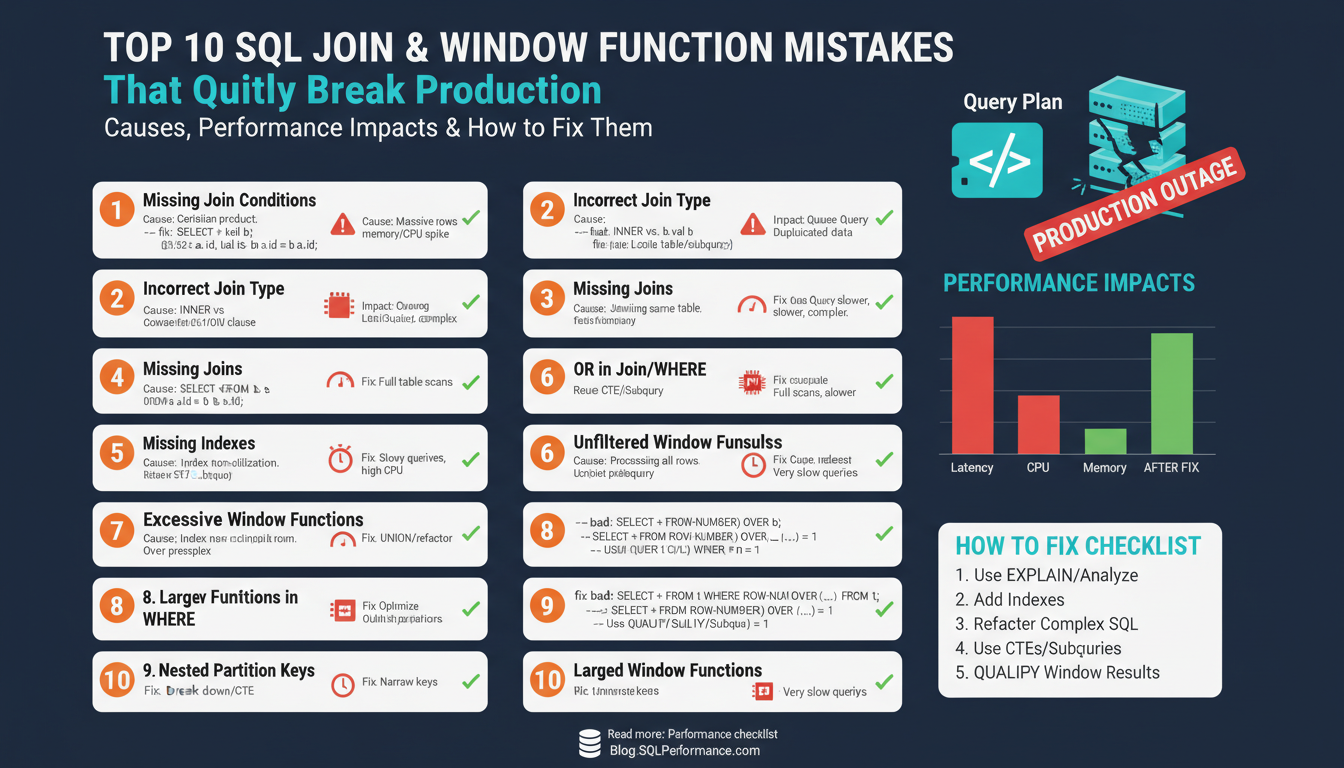 Top 10 SQL JOIN & Window Function Mistakes That Quietly Break Production — Causes, Performance Impacts & How to Fix Them
