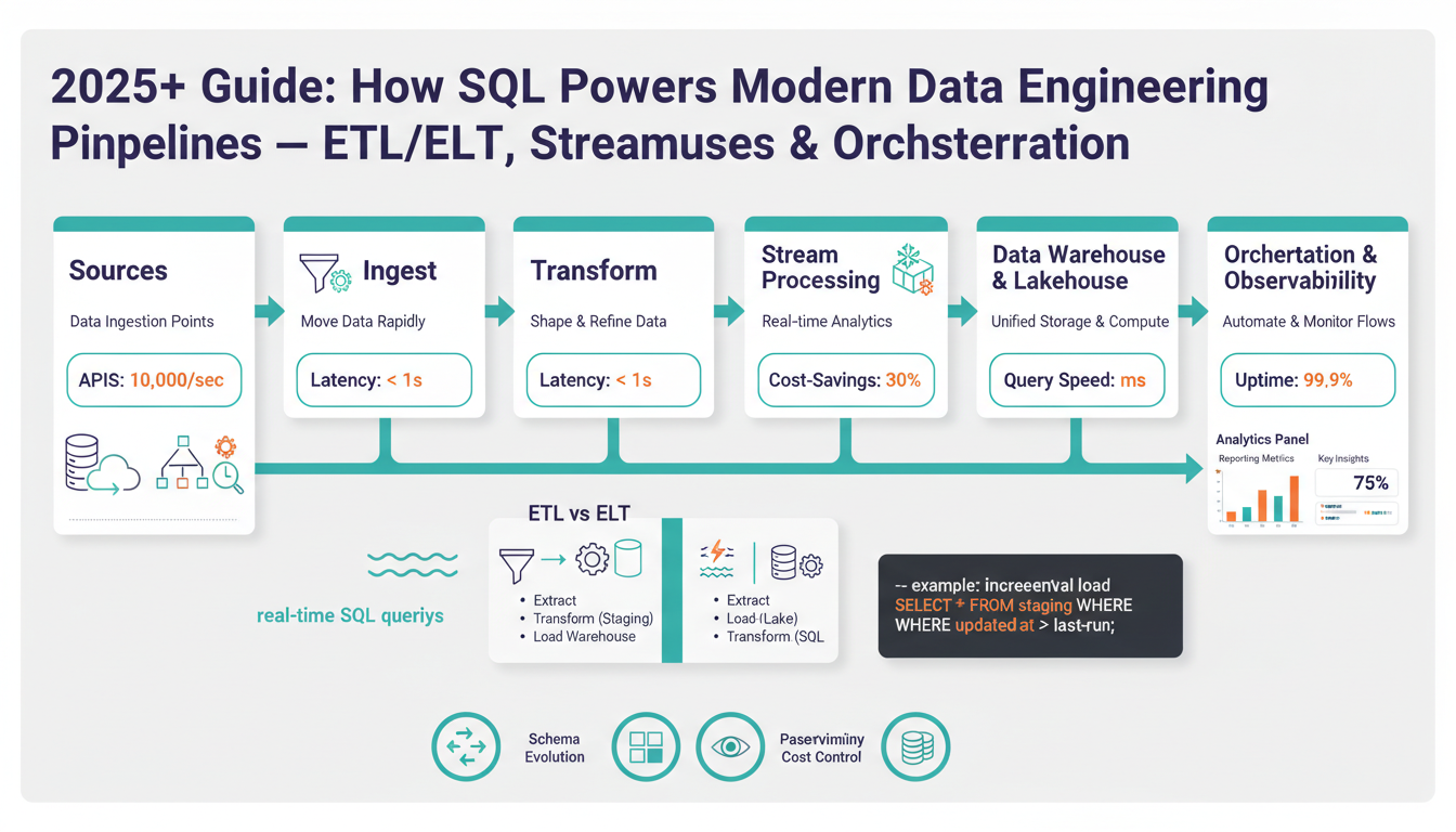 2025+ Guide: How SQL Powers Modern Data Engineering Pipelines — ETL/ELT, Streaming, Warehouses & Orchestration