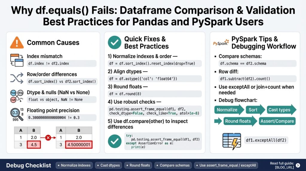 Why df.equals() Fails: Dataframe Comparison & Validation Best Practices for Pandas and PySpark Users