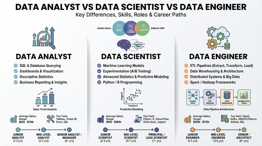 Data Analyst vs Data Scientist vs Data Engineer: Key Differences, Skills, Roles & Career Paths