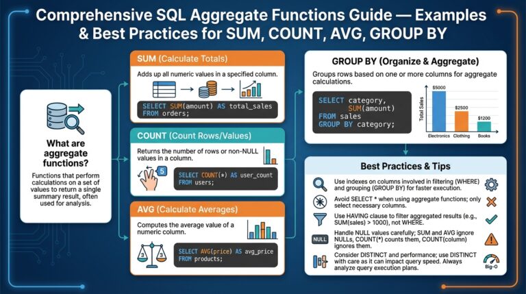 Comprehensive SQL Aggregate Functions Guide — Examples & Best Practices for SUM, COUNT, AVG, GROUP BY