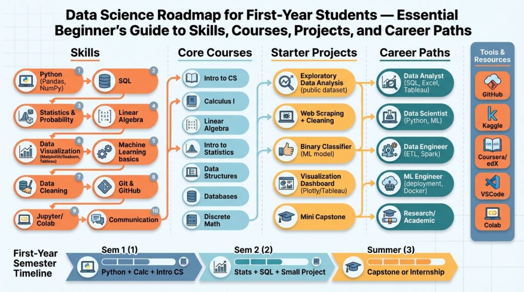 Data Science Roadmap for First-Year Students — Essential Beginner’s Guide to Skills, Courses, Projects, and Career Paths