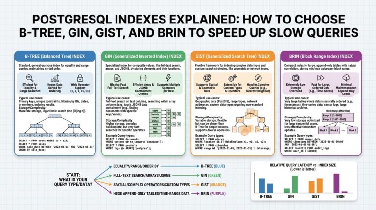 PostgreSQL Indexes Explained: How to Choose B-Tree, GIN, GiST, and BRIN to Speed Up Slow Queries