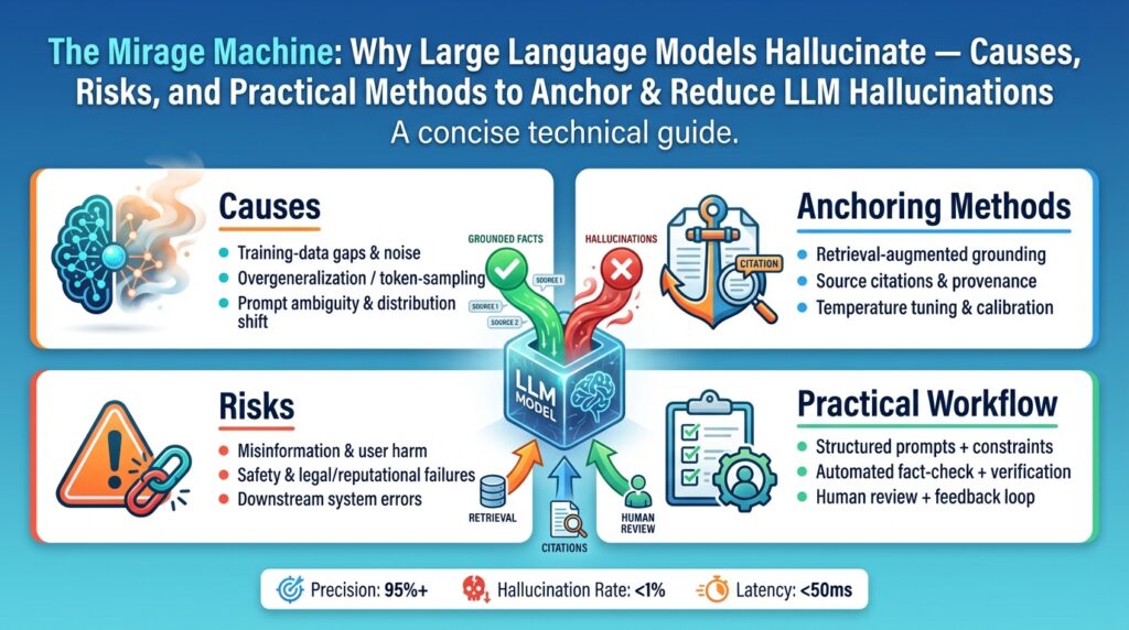 The Mirage Machine: Why Large Language Models Hallucinate — Causes, Risks, and Practical Methods to Anchor & Reduce LLM Hallucinations