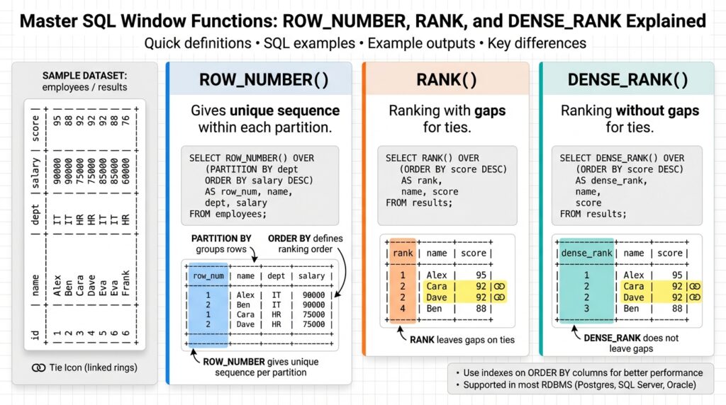 Master SQL Window Functions: ROW_NUMBER, RANK, and DENSE_RANK Explained