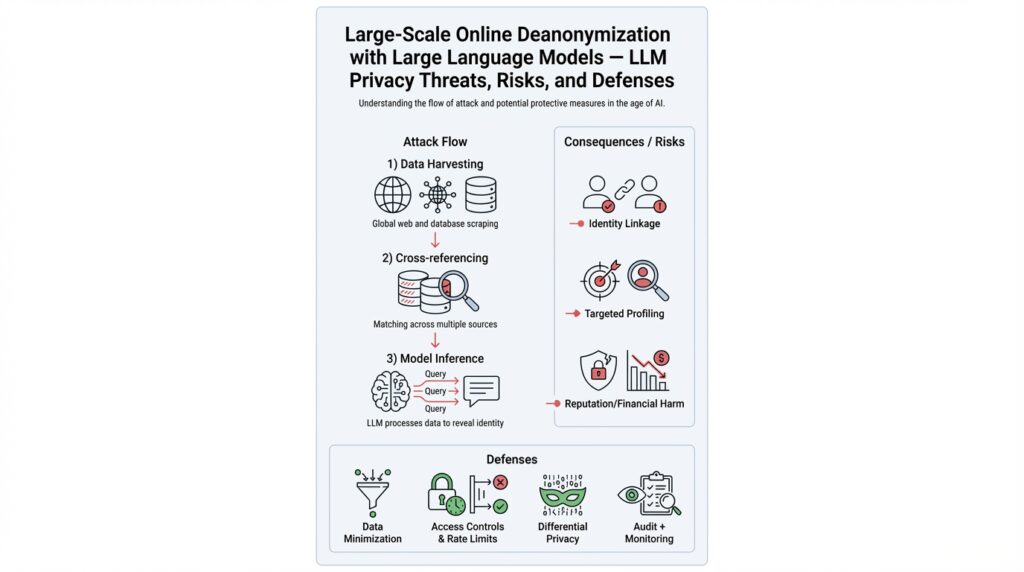 Large-Scale Online Deanonymization with Large Language Models — LLM Privacy Threats, Risks, and Defenses