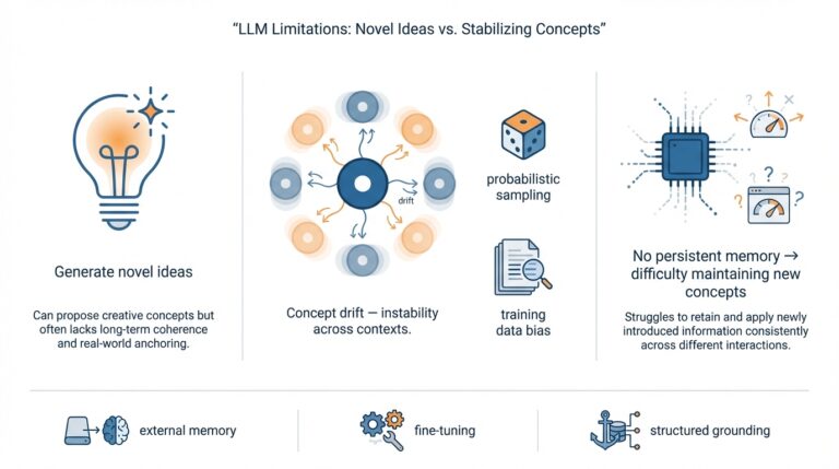LLM Limitations: Why Large Language Models Can Generate Novel Ideas but Struggle to Stabilize and Maintain New Concepts