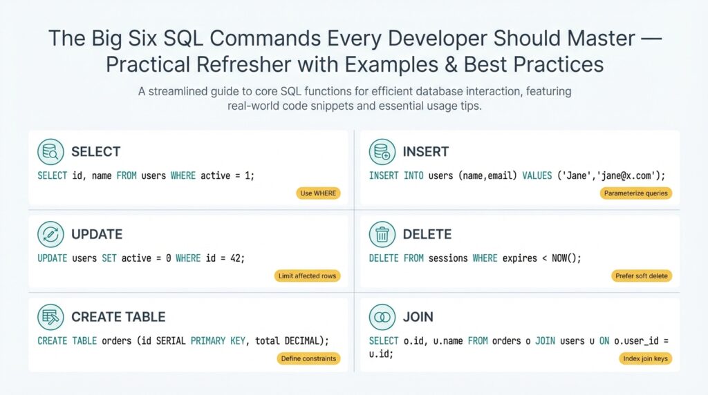 The Big Six SQL Commands Every Developer Should Master — Practical Refresher with Examples & Best Practices