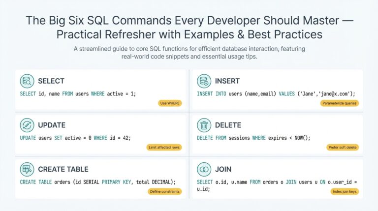 The Big Six SQL Commands Every Developer Should Master — Practical Refresher with Examples & Best Practices