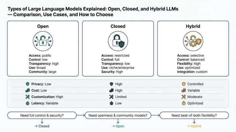 Types of Large Language Models Explained: Open, Closed, and Hybrid LLMs — Comparison, Use Cases, and How to Choose