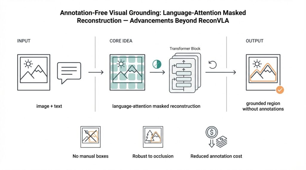 Annotation-Free Visual Grounding: Language-Attention Masked Reconstruction — Advancements Beyond ReconVLA