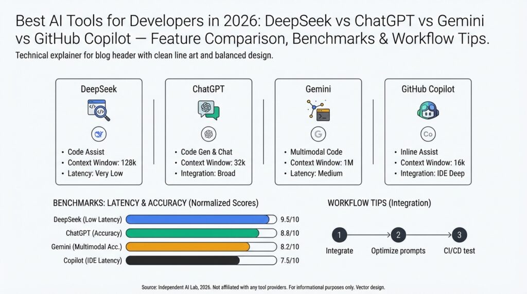 Best AI Tools for Developers in 2026: DeepSeek vs ChatGPT vs Gemini vs GitHub Copilot — Feature Comparison, Benchmarks & Workflow Tips
