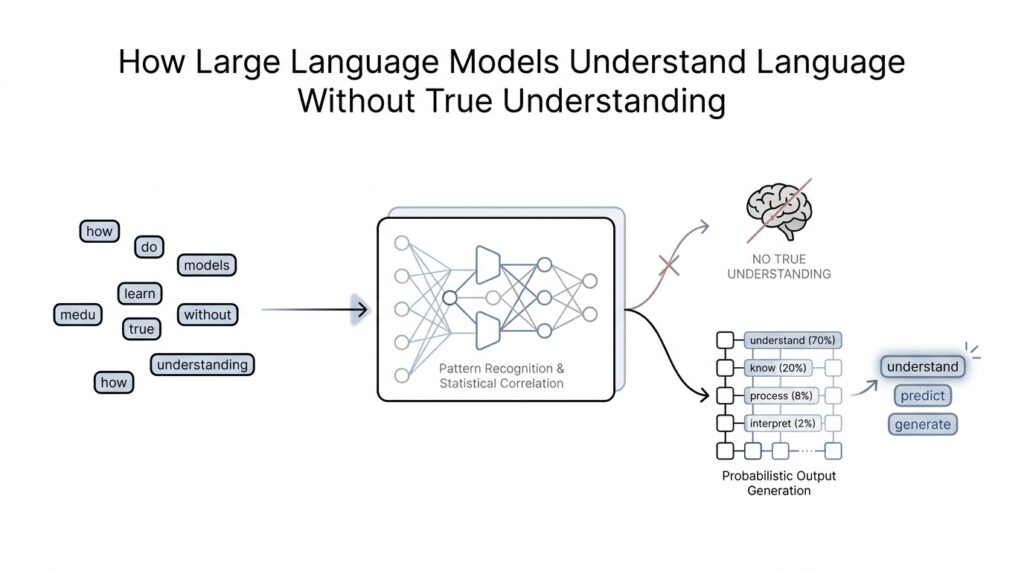 How Large Language Models Understand Language Without True Understanding