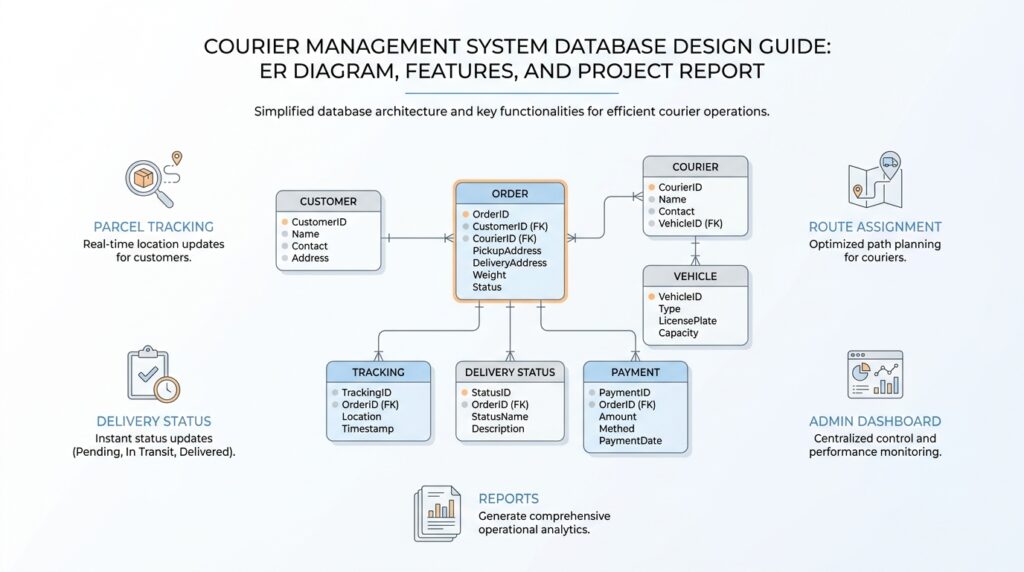 Courier Management System Database Design Guide: ER Diagram, Features, and Project Report