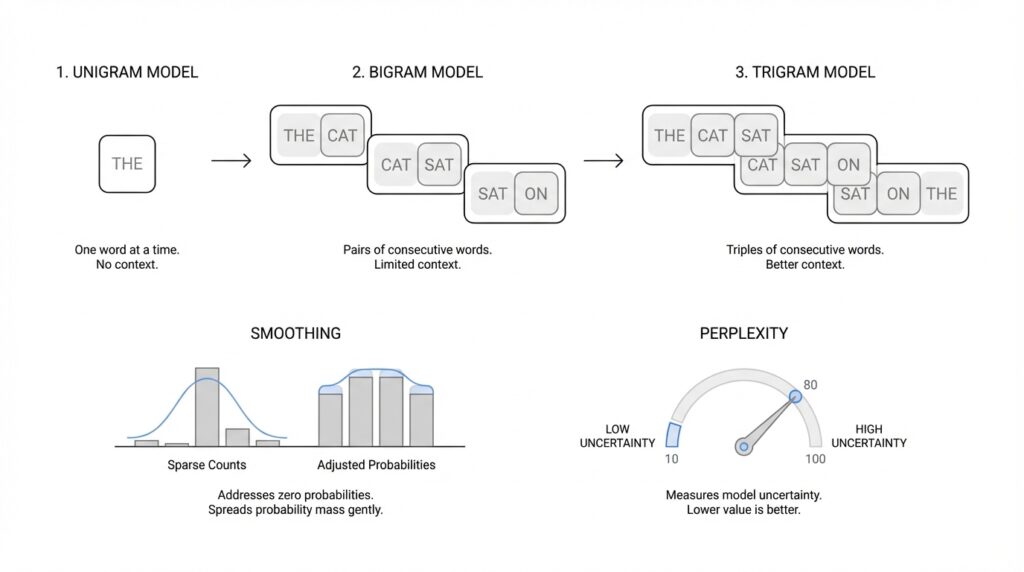 NLP Language Modeling Explained: Unigram, Bigram, Trigram, Smoothing, and Perplexity