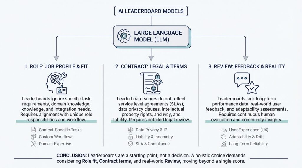 Why AI Leaderboards Fall Short: Choosing Large Language Models by Role, Contract, and Review