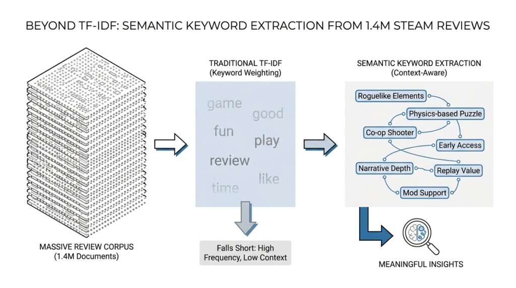 Extracting Meaningful Keywords from 1.4M Steam Game Reviews When TF-IDF Falls Short