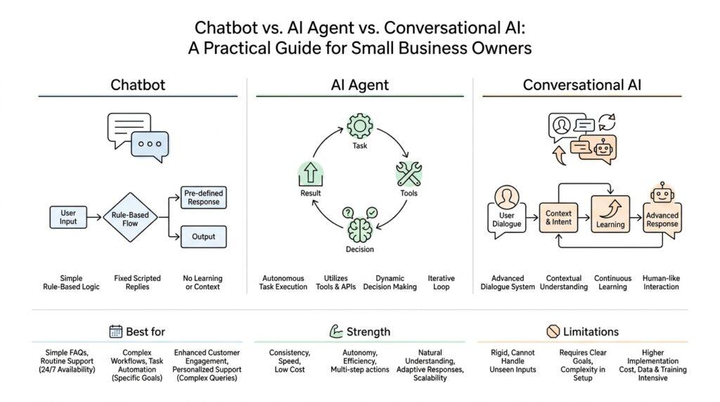 Chatbot vs. AI Agent vs. Conversational AI: A Practical Guide for Small Business Owners