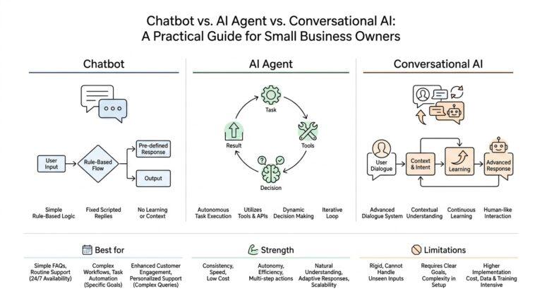 Chatbot vs. AI Agent vs. Conversational AI: A Practical Guide for Small Business Owners